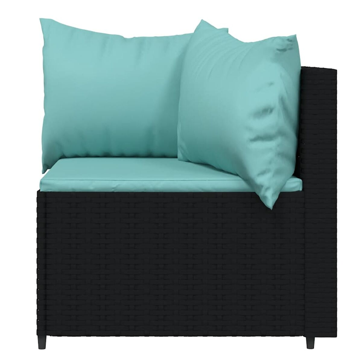 Ein Ecksofa mit schwarzen, gewebten Seiten und türkisfarbenen Kissen. Die Kissen beinhalten ein Kissen.