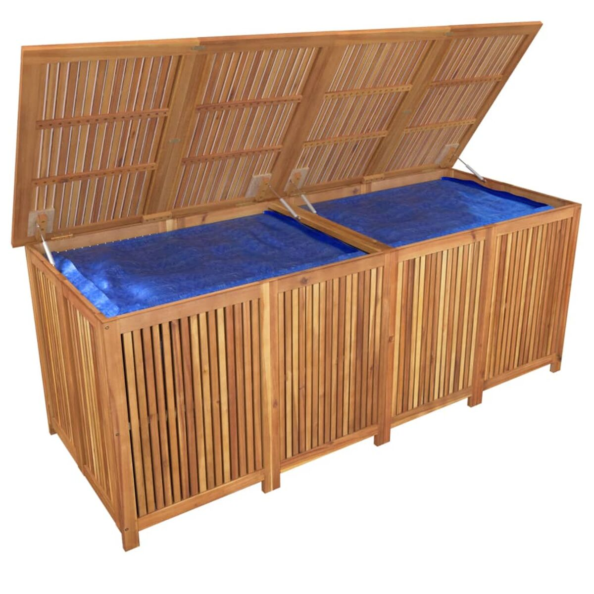Holzaufbewahrungsbox mit zwei Fächern und blauen Innenfutter. Der Deckel ist geöffnet. Das Holz hat eine helle Farbe.