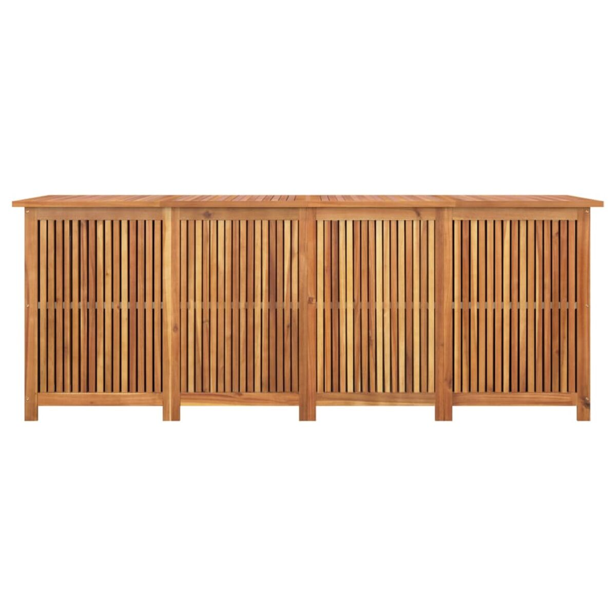 Holzschrank mit vertikalen Lamellen. Er ist rechteckig und hat vier Türen.