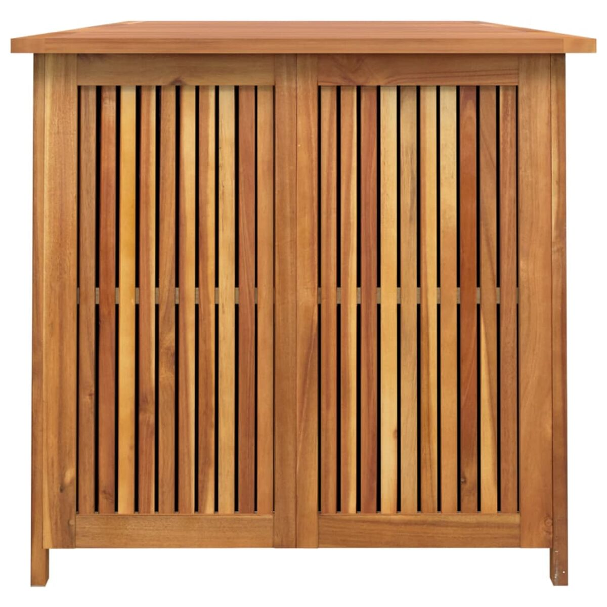 Ein Holzschrank mit vertikalen Lamellen an den Türen, schlichtem Design und flacher Oberseite.