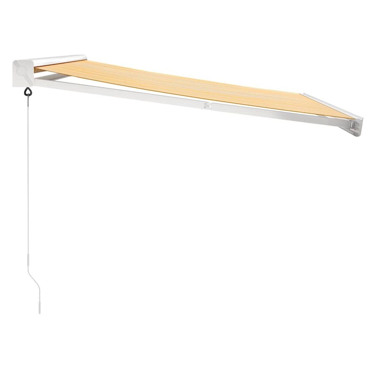 Ein weißer Markisen mit einem beigefarbenen Verdeck ist an einer weißen Wand montiert. Ein Kabel hängt herunter.