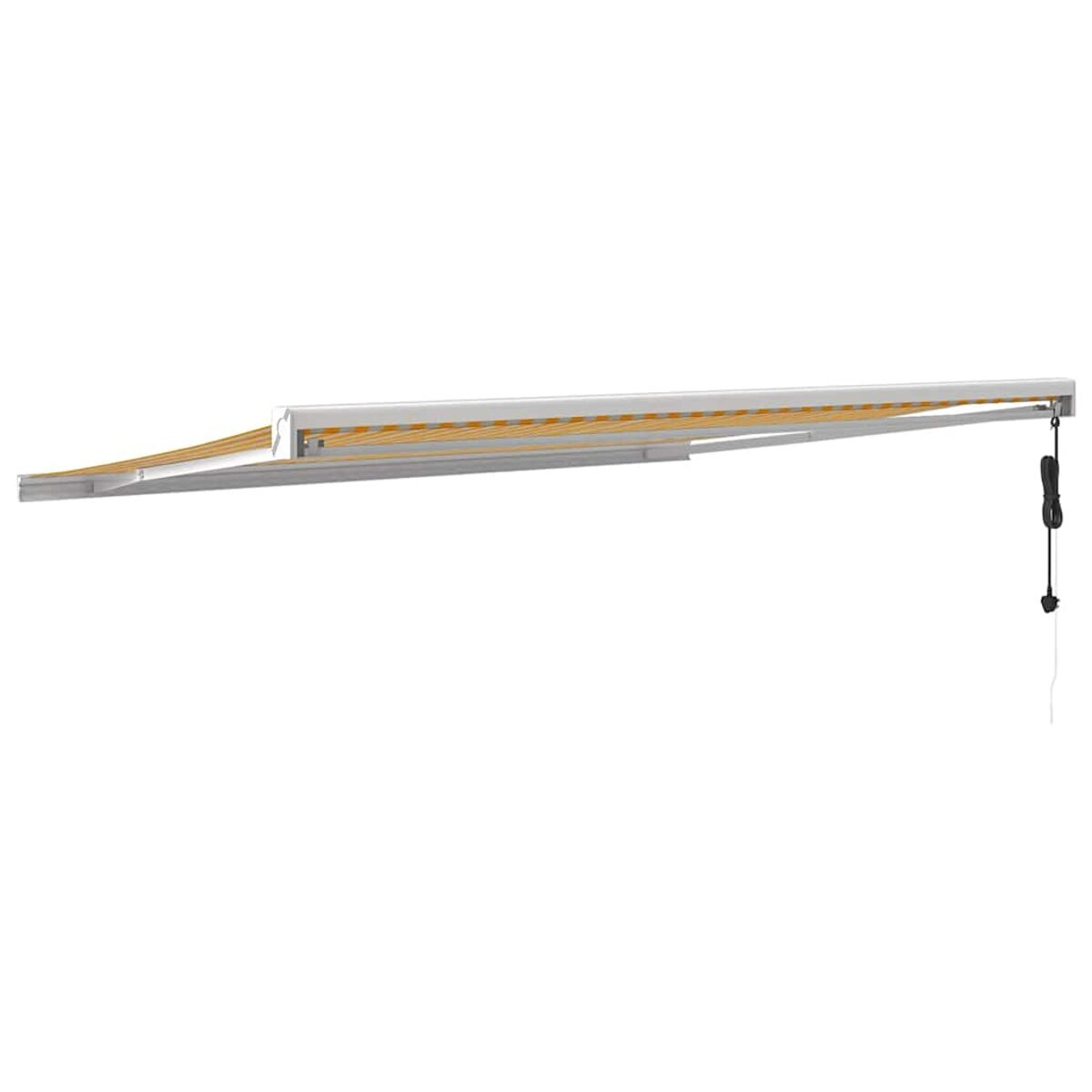 Beige und gelb gestreifte Markise ausgefahren, mit schwarzem Kabel.