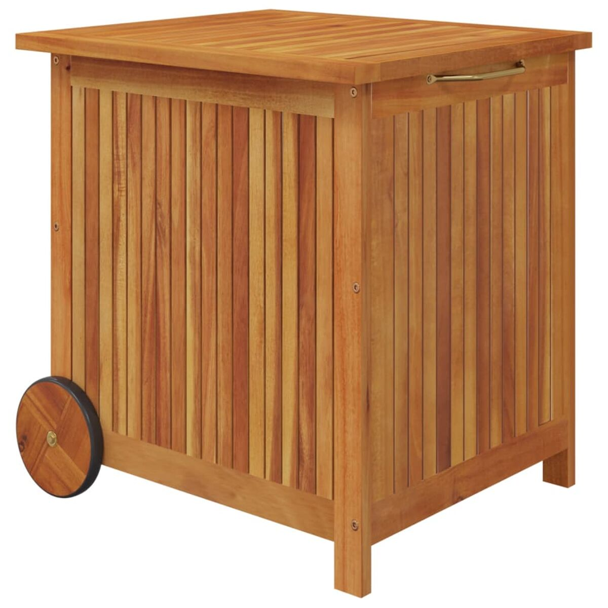 Holzaufbewahrungsbox mit Deckel und Rad. Braune Farbe.