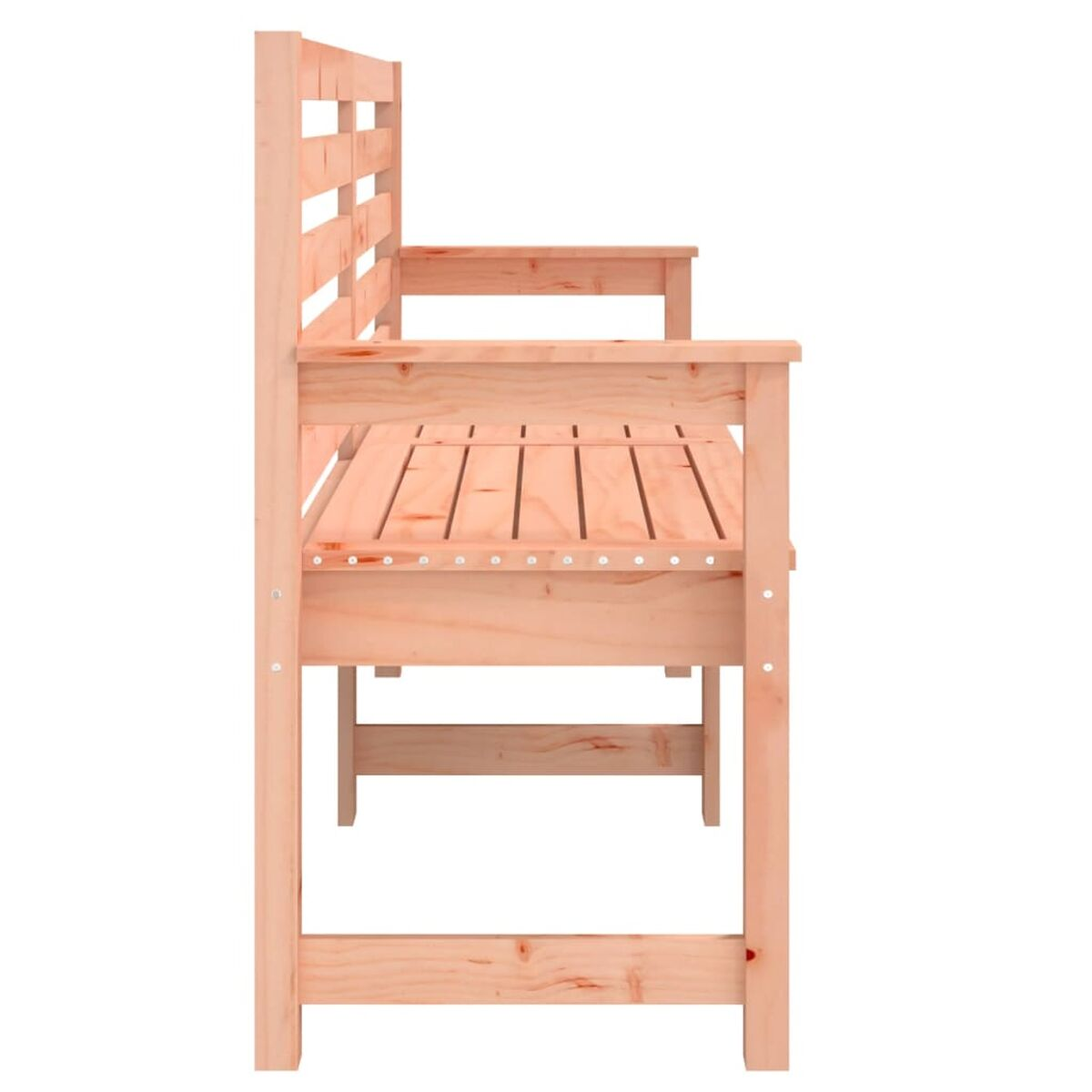 Eine Holzbank mit Lattenrücken, von der Seite gesehen.