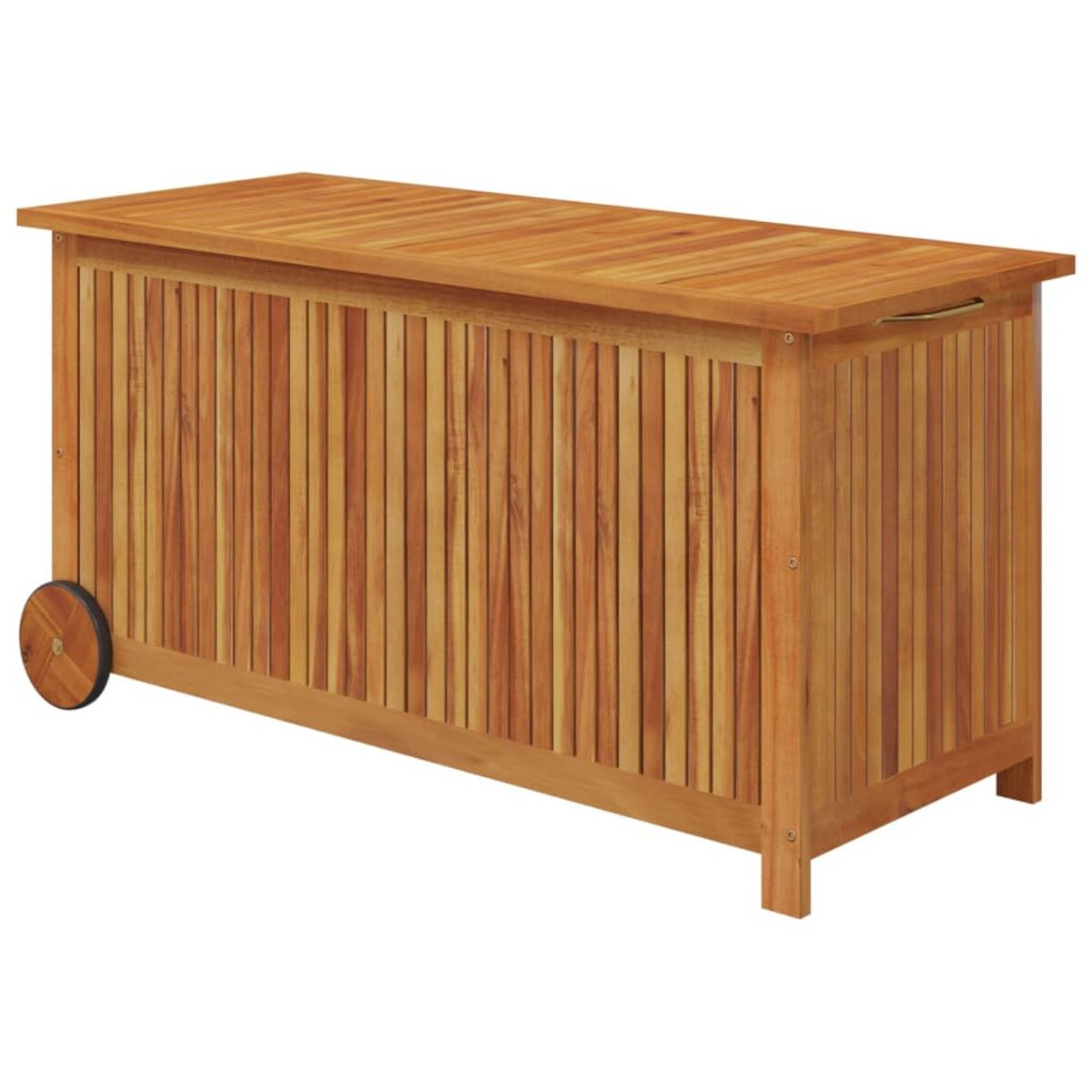 Holz-Aufbewahrungstruhe mit vertikalen Lamellen und einem Rad.