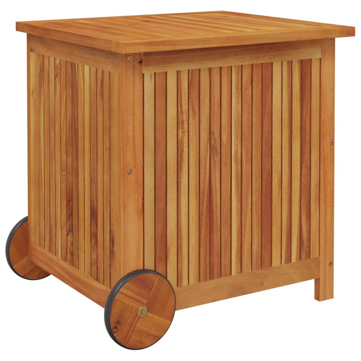 Holz-Aufbewahrungsbox auf Rädern. Sie hat vertikale Lamellen und ist braun, auf weißem Grund.
