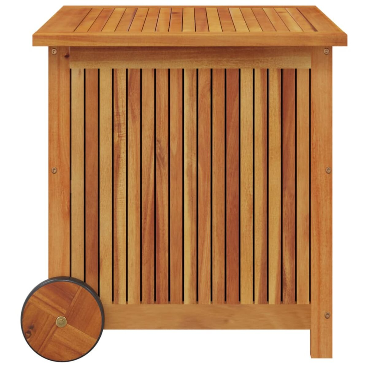 Eine Holzaufbewahrungsbox mit einem Rad. Die Box hat vertikale Lamellen und eine flache Oberseite.