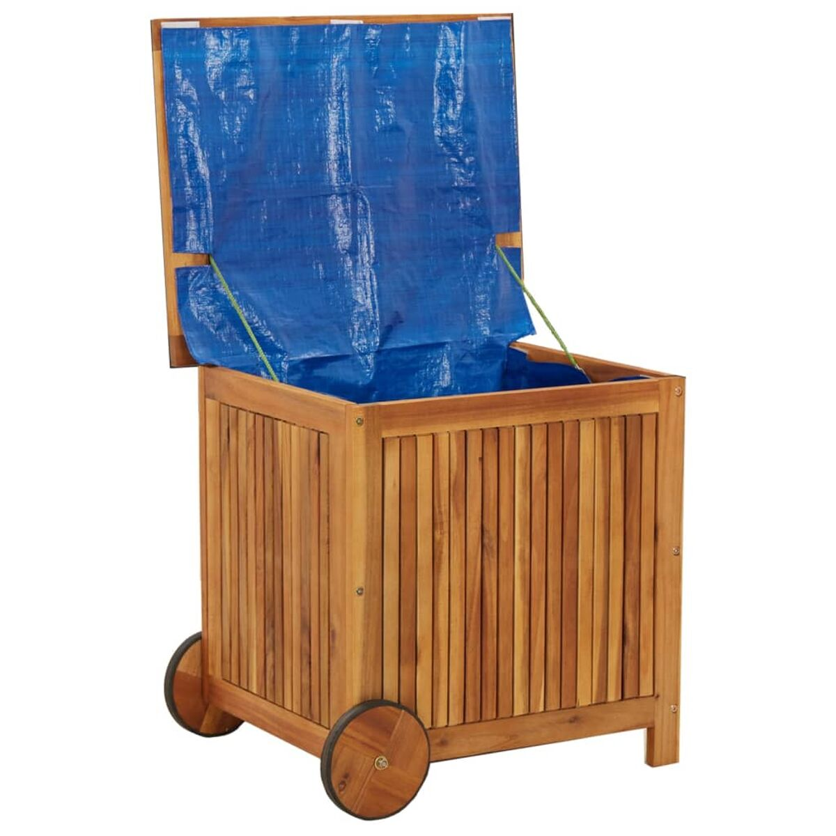 Eine Holzkiste mit Rädern, offen mit einer blauen Plane innen.
