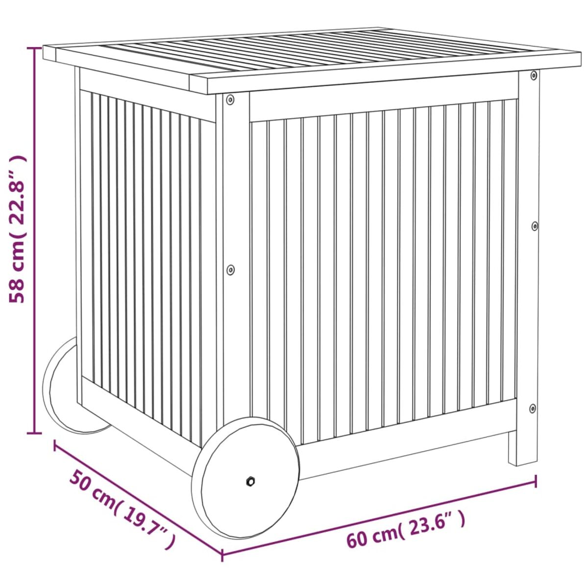 Holz-Outdoor-Aufbewahrungsbox auf Rädern, mit Lattenrost. Maße enthalten.