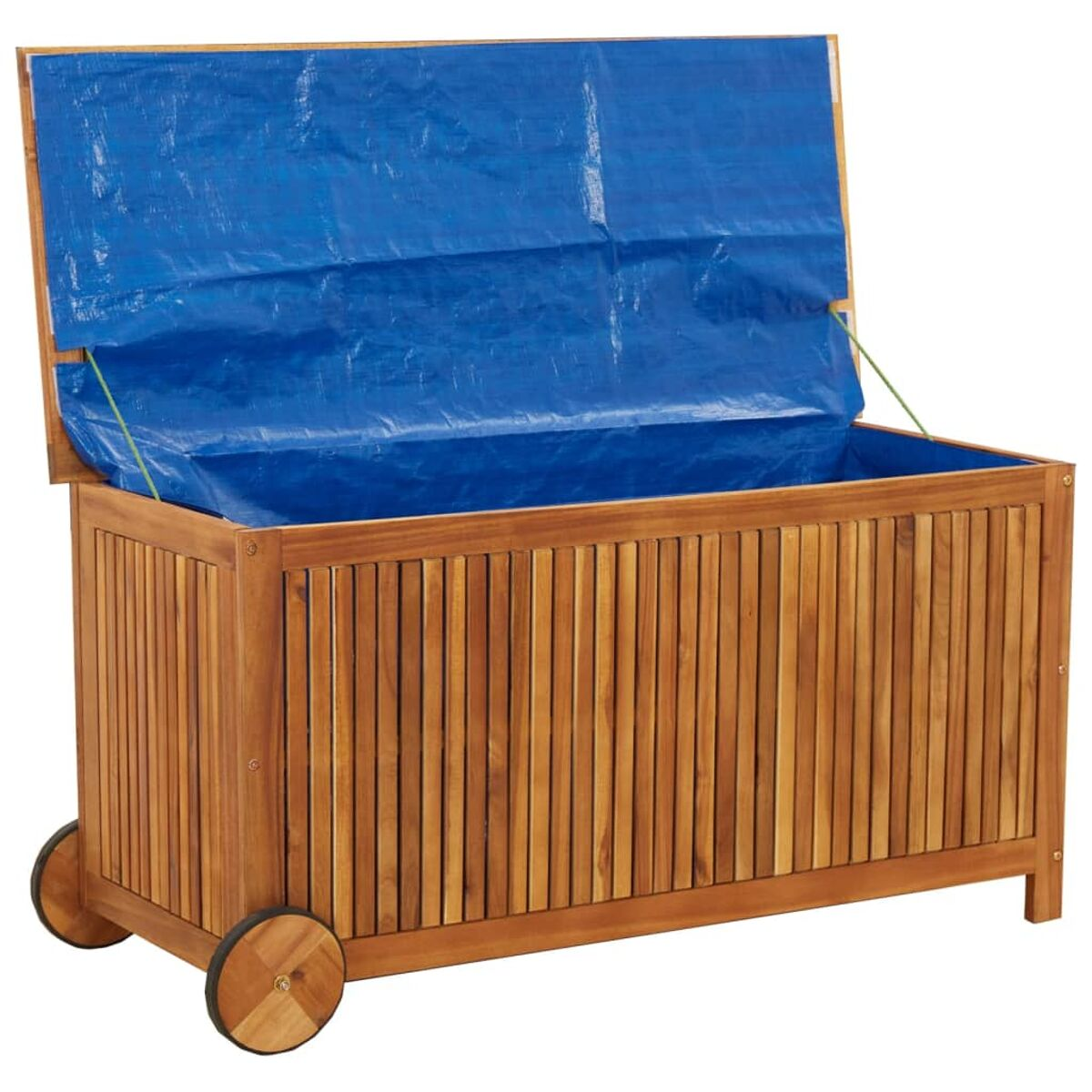 Holz-Stauraumkiste mit blauem Planenstoff innen. Mit Rädern und vertikalen Holzleisten.