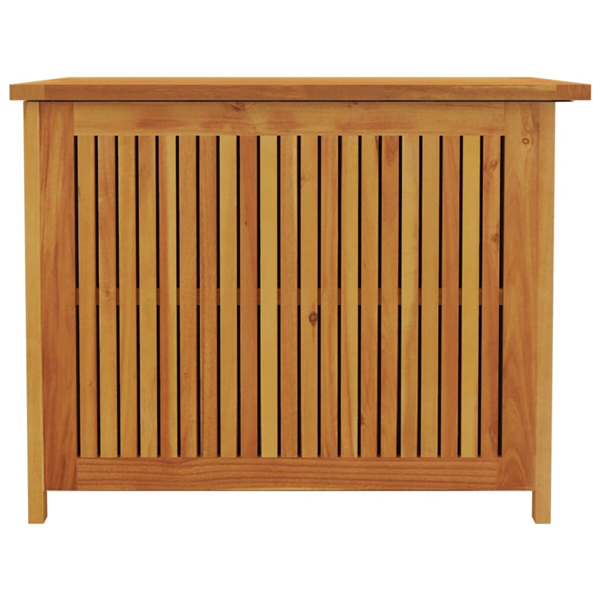 Ein Holzschrank mit vertikalen Lamellen, einer Oberseite und einem Sockel, in natürlichen Holztönen vor weißem Hintergrund.