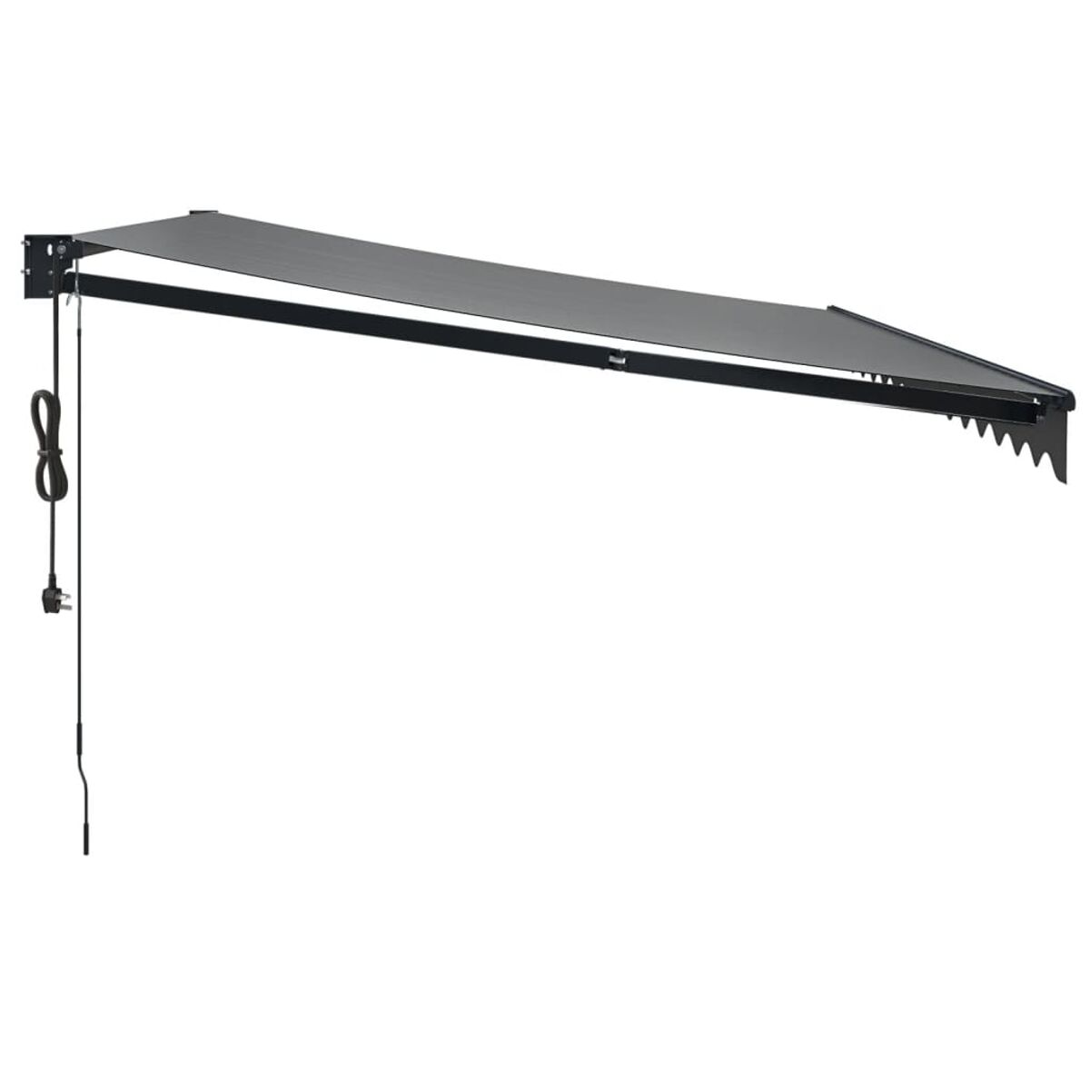Schwarze Markise auf weißem Hintergrund. Die Markise ist ausgefahren. Ein schwarzes Kabel und Stecker sind sichtbar.