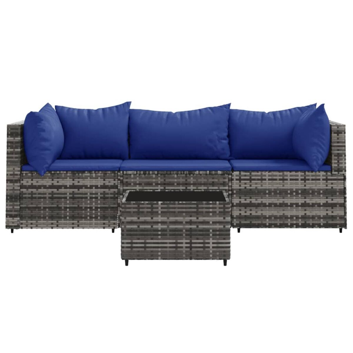 Geflochtenes Outdoor-Ecksofa mit blauen Kissen und einem passenden Couchtisch.