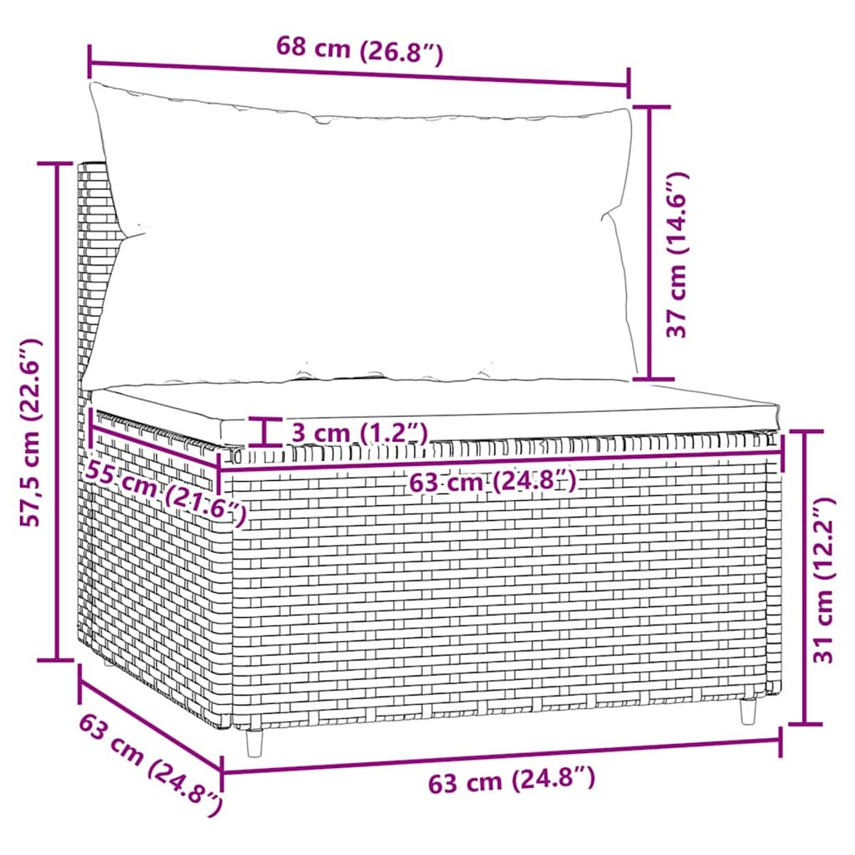 Rattansofa mit Maßangaben. Inklusive Kissen und Rückenlehne, Seitenansicht mit Maßen.
