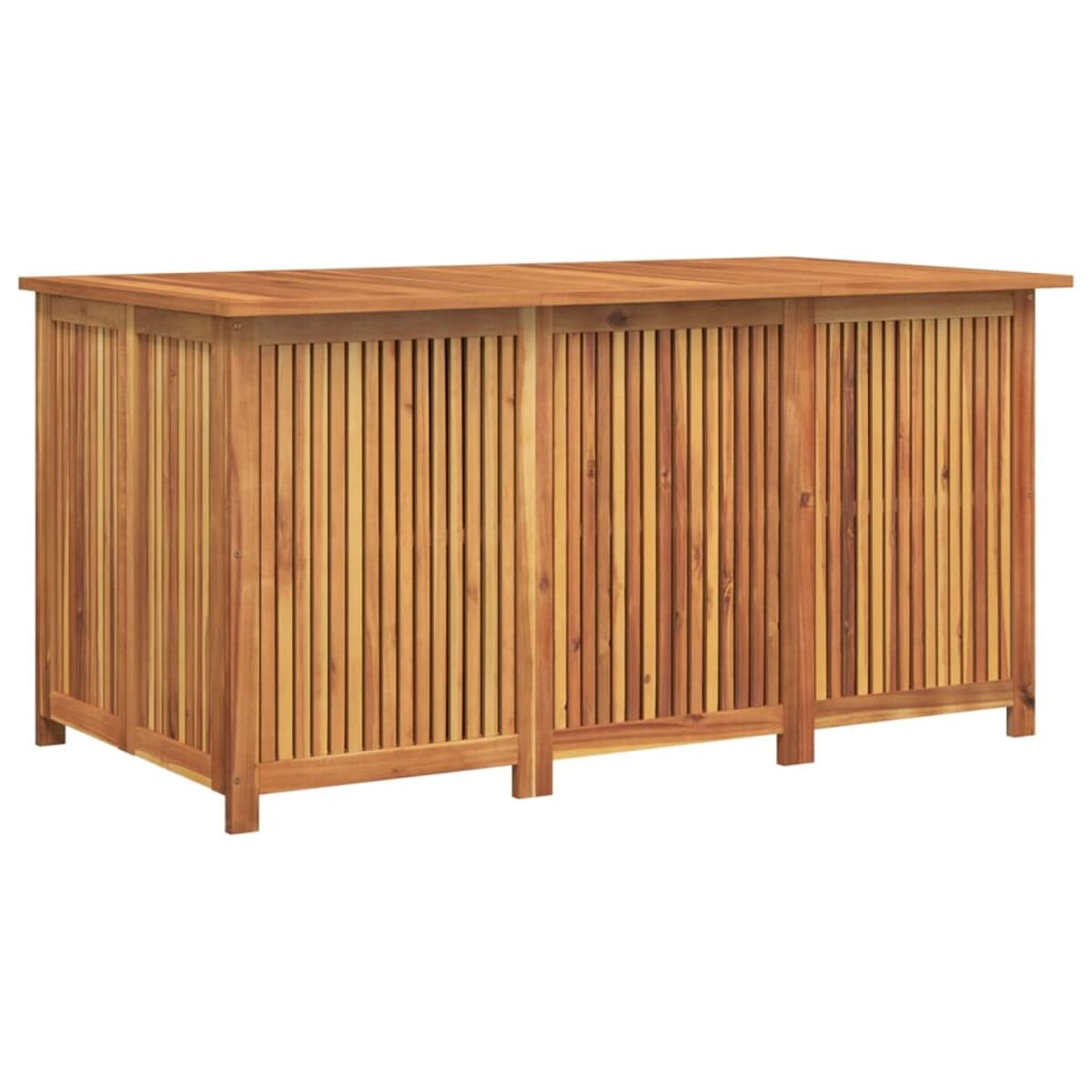 Holzschrank mit vertikalen Lamellen, drei Türen und flacher Oberseite.