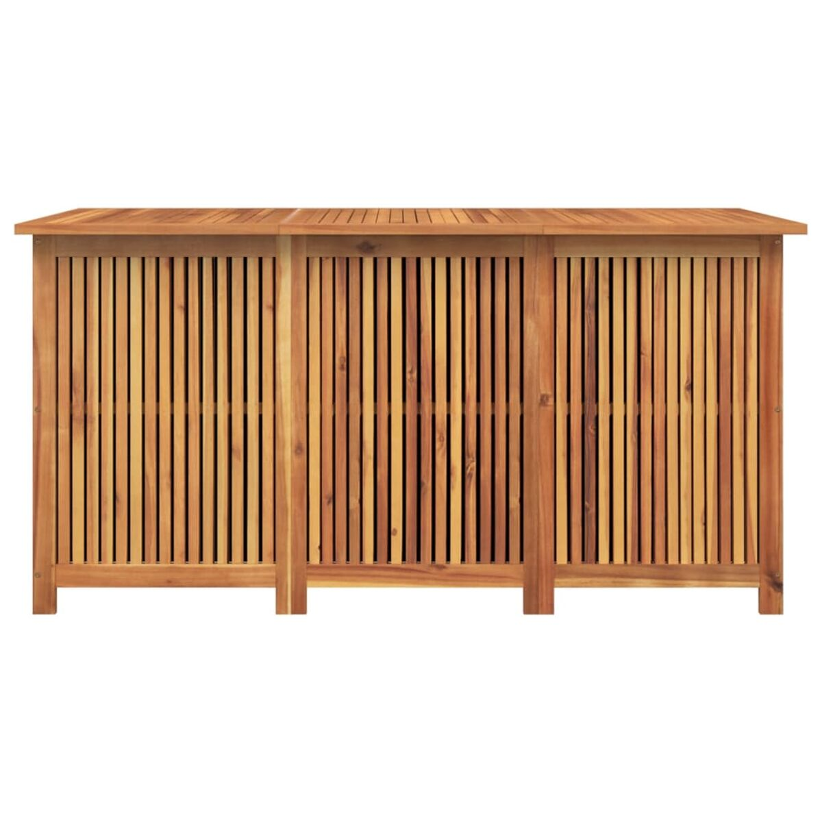 Holzschrank mit vertikalen Lamellen. Es hat eine Holzoberseite.