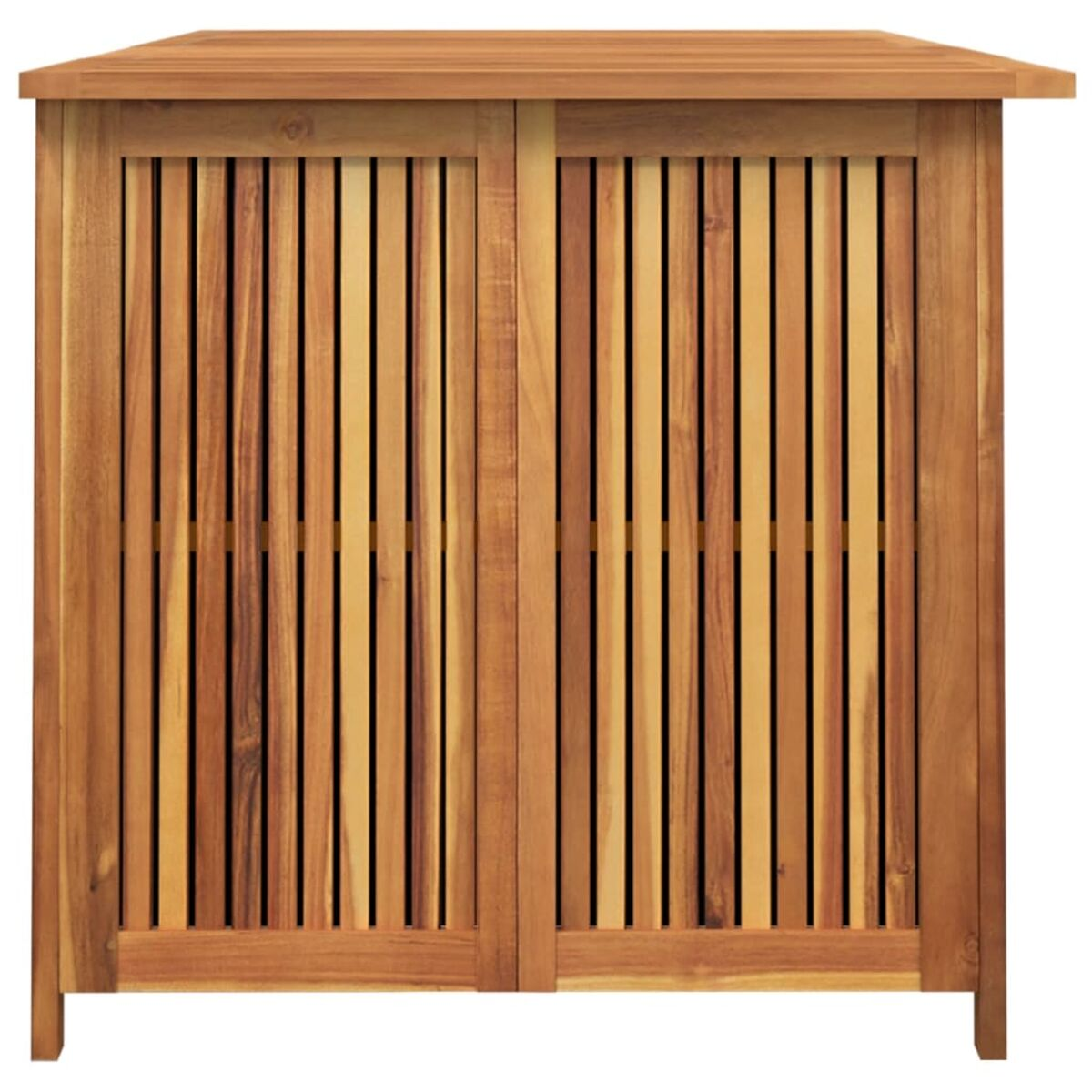 Holzschrank mit vertikalen Lamellen an den Türen. Er hat eine flache Oberseite und zwei Türen.