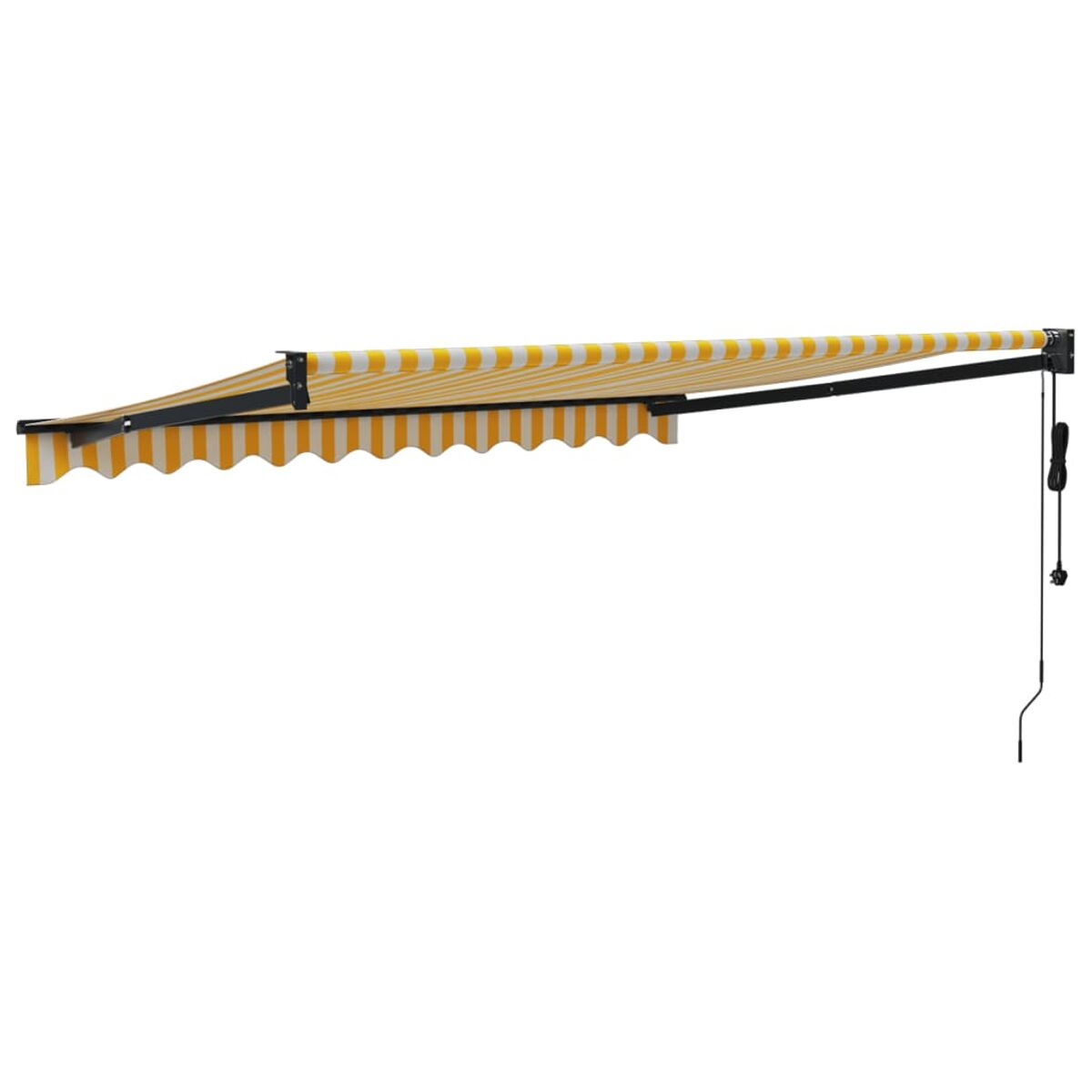 Eine Markise mit gelb-weißen Streifen, an einer Wand montiert, mit schwarzem Arm.