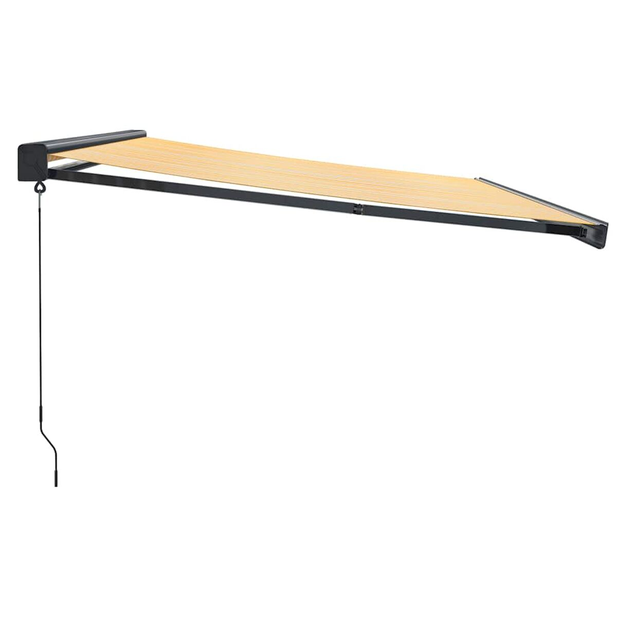 Eine beige gestreifte Markise, die sich von einem schwarzen Arm erstreckt, auf weißem Hintergrund.