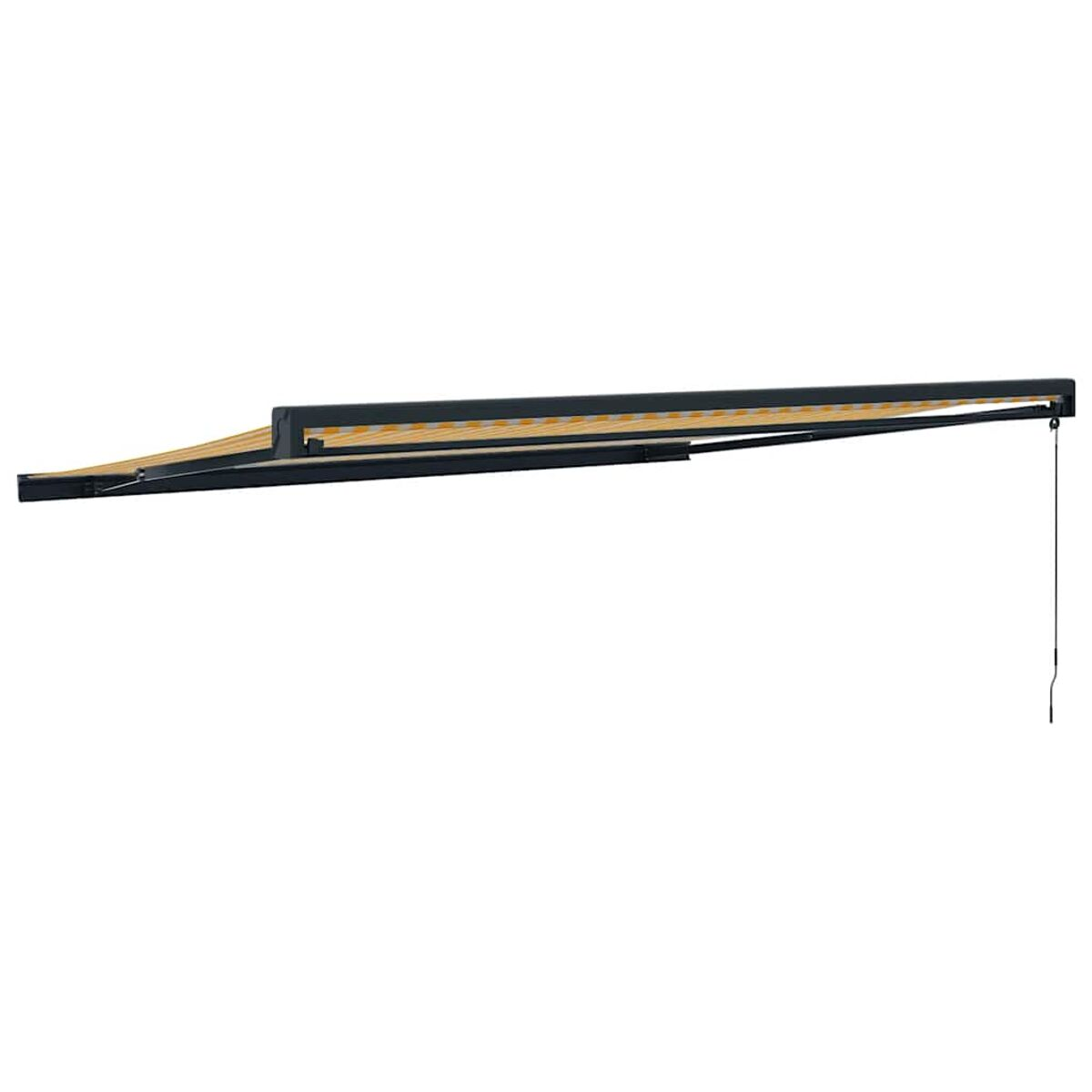 Eine horizontal ausgefahrene schwarz-gelbe Markise. Sie zeigt eine schwarze Tragstruktur und eine Steuerschnur.