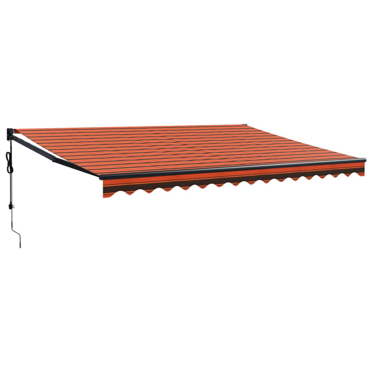Eine orangefarbene Markise mit schwarzen Streifen vor weißem Hintergrund. Es hat einen schwarzen Rahmen.