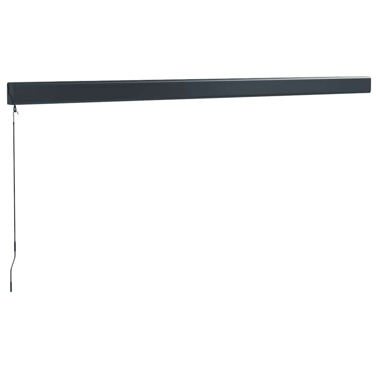 Schwarze Markise ausgefahren. Einfaches Design. Ein schwarzes Kabel hängt vom Ende.