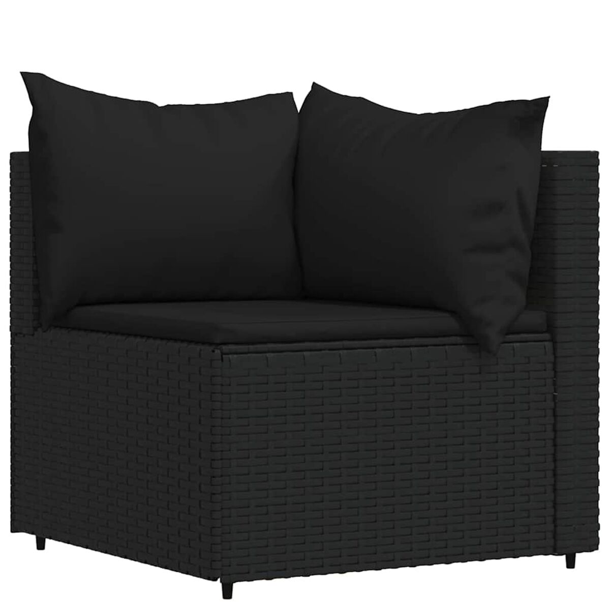 Ein schwarzes gewebtes Ecksofa mit schwarzen Kissen.