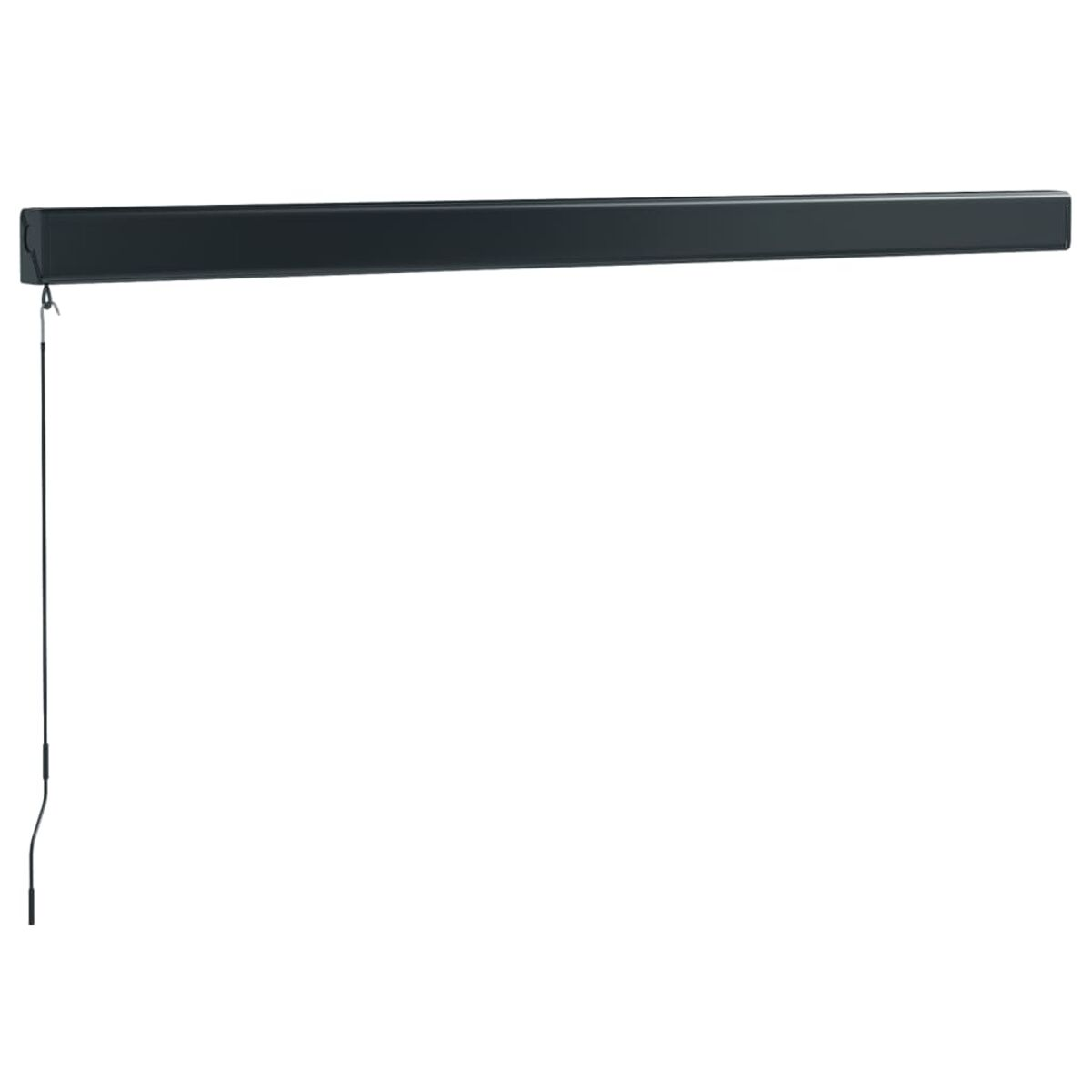 Eine schwarze Markise, die von der Wand ausgefahren ist, mit einer Hängeschnur.