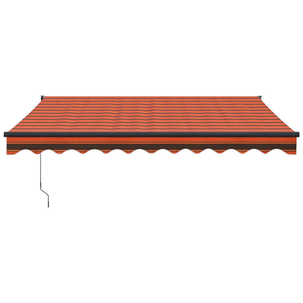 Orangene Markise mit schwarzen Streifen. Es ist rechteckig.