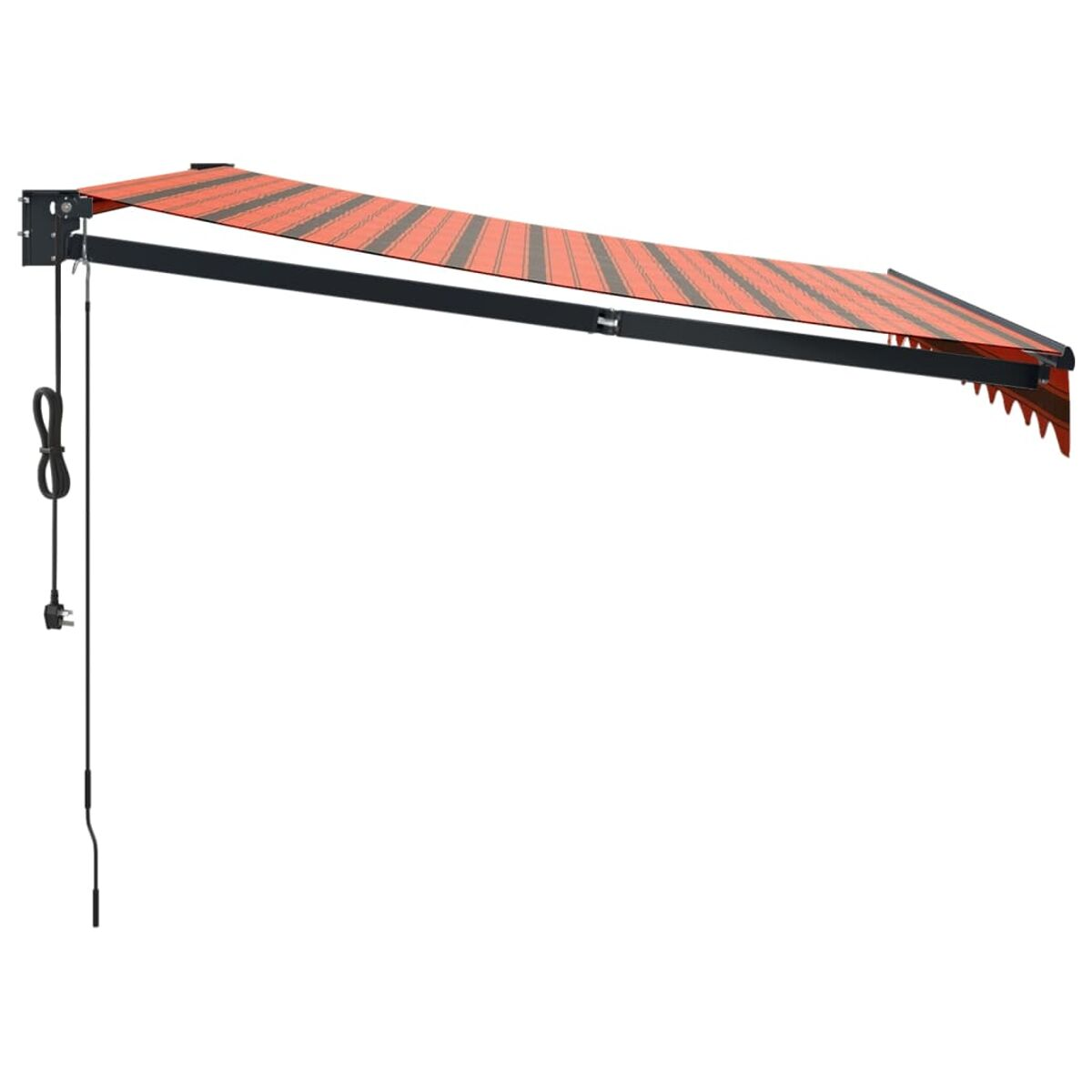 Eine Markise mit orangefarbenen und schwarzen Streifen, an einer Wand montiert, mit Kabel und Stecker.
