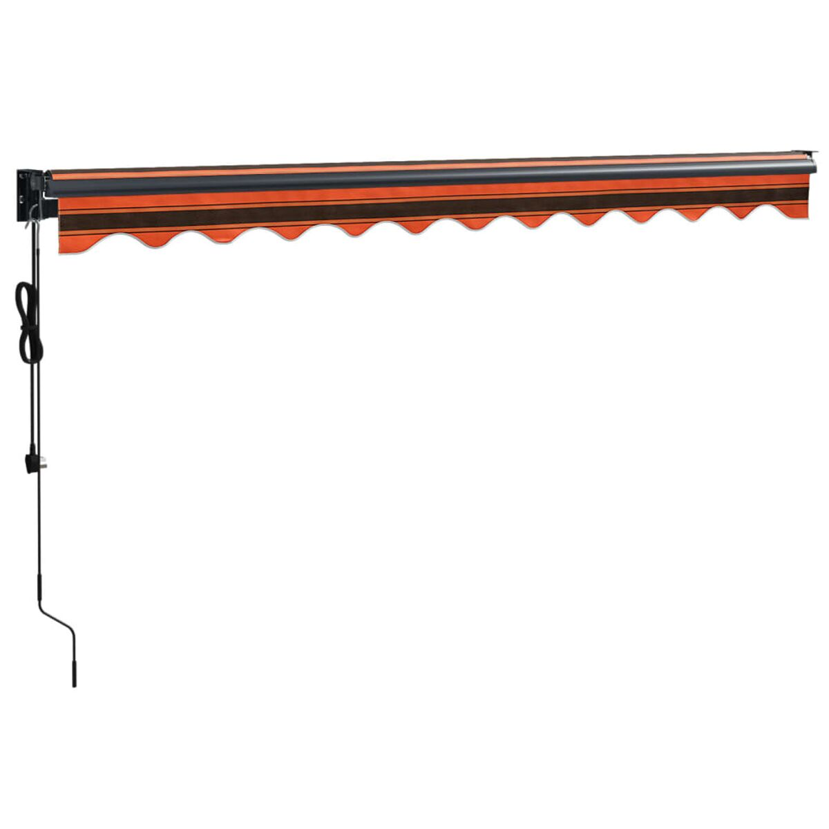 Eine orange und schwarz gestreifte Markise. Sie ist auf weißem Hintergrund montiert und hat eine Schnur.