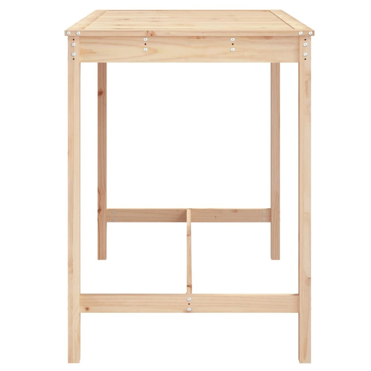 Ein hellfarbiger Holztisch mit zwei Stützbeinen.