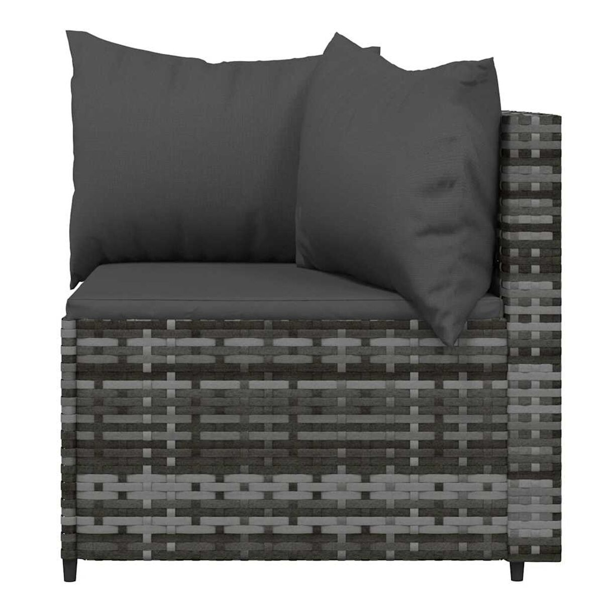 Ecksofa für draußen. Graues gewebtes Material mit dunkelgrauen Kissen. Modernes Design.