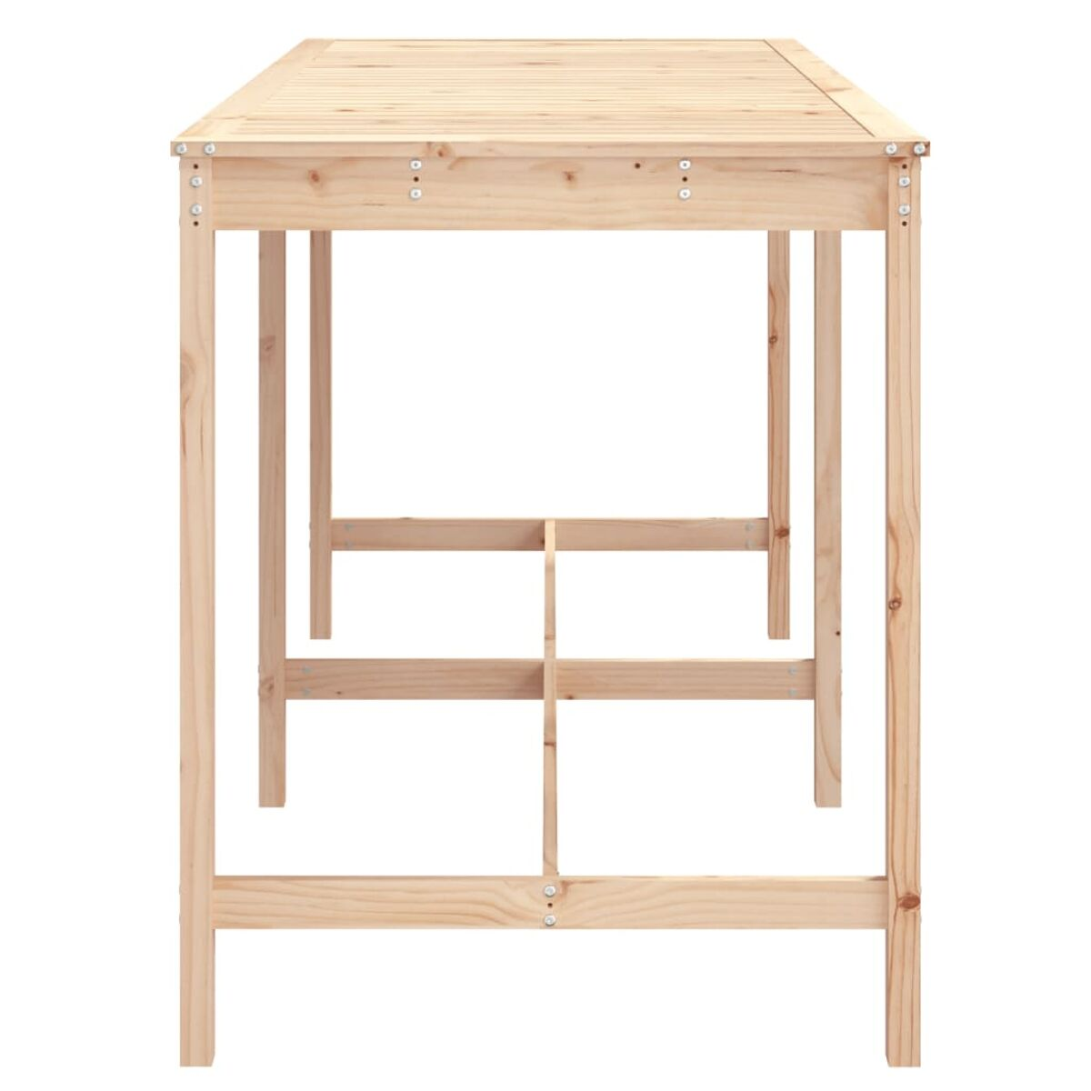 Ein Holztisch mit Gitterplatte. Er hat vier Beine. Der Tisch ist leer.