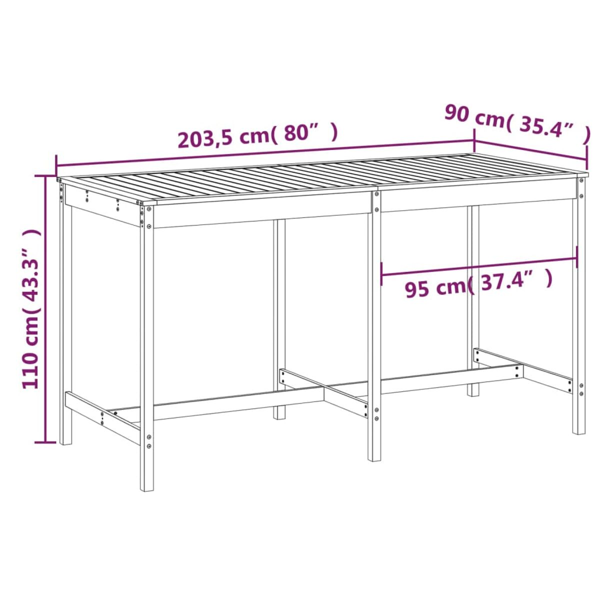 Ein Holztisch mit beschrifteten Abmessungen. Der Tisch ist hellbraun. Der Hintergrund ist weiß.