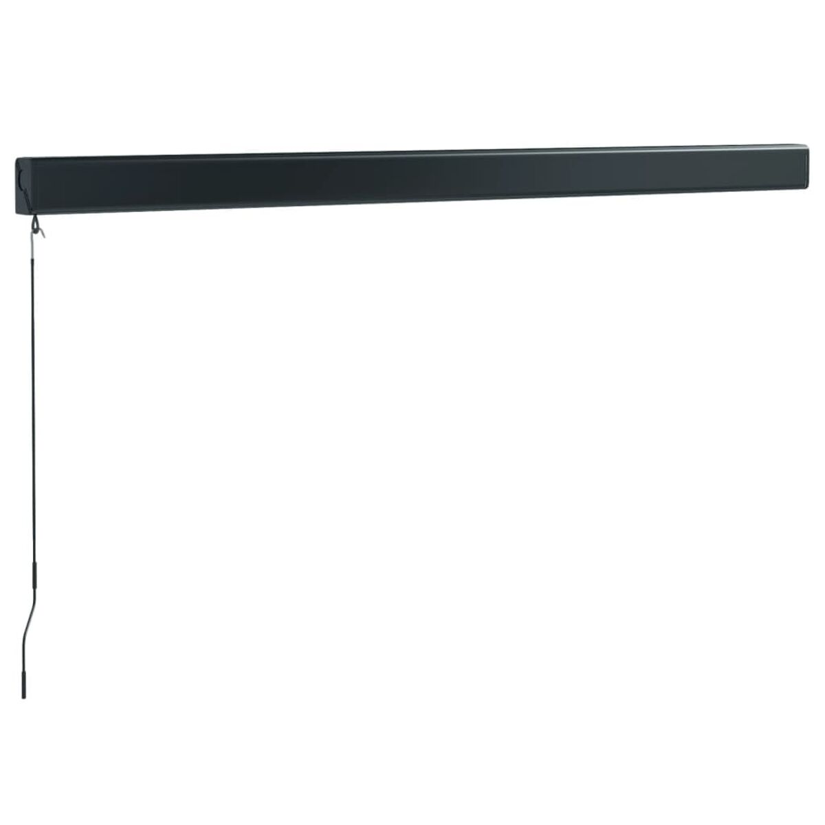 Ausgefahrene schwarze Markise, an einer Wand montiert. Eine Kurbel ist links sichtbar.