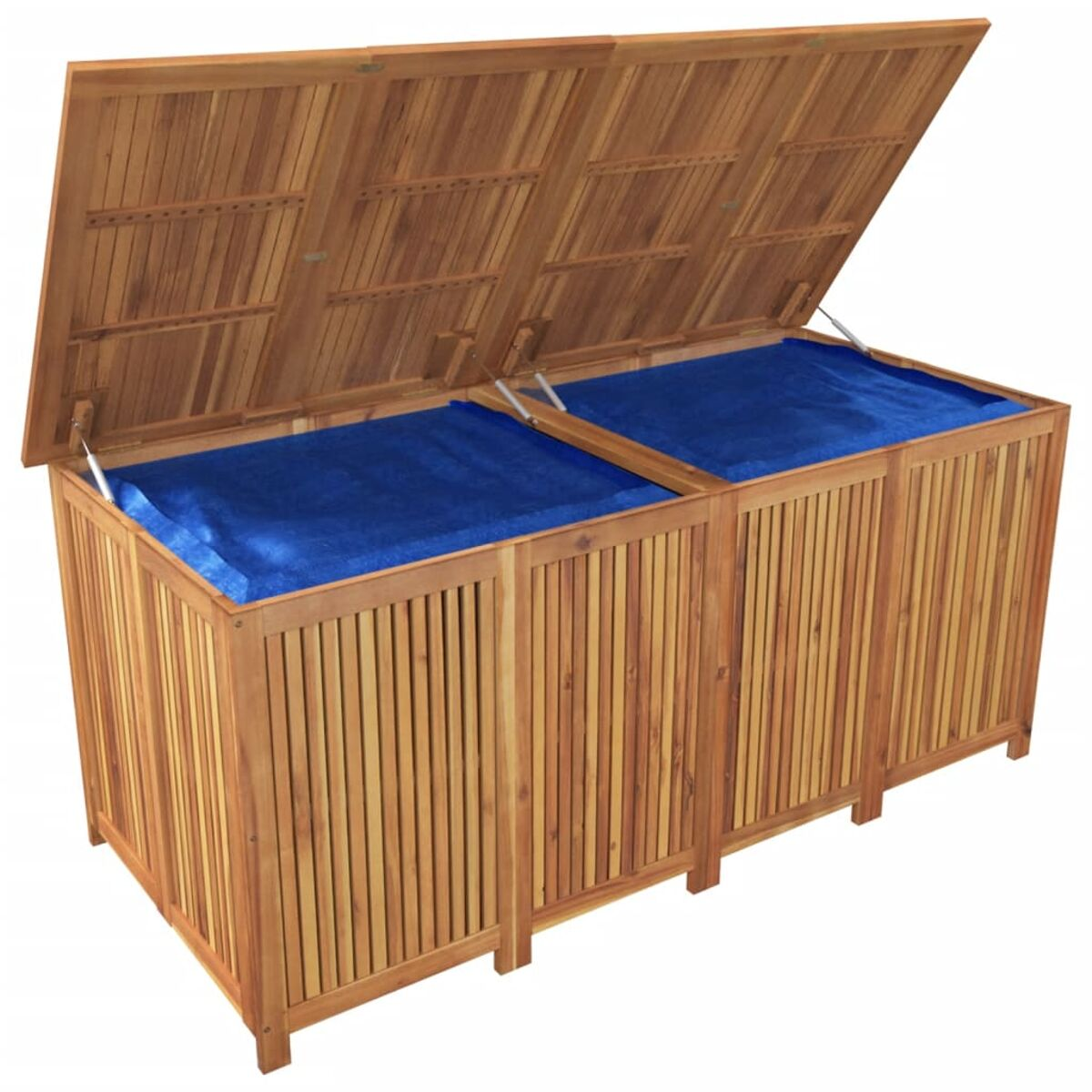 Holz-Aufbewahrungstruhe mit zwei geöffneten Deckeln. Blauer Stoff innen. Vertikale Holzlatten.