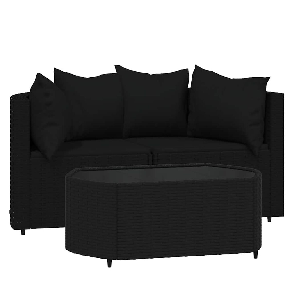 Schwarzes Korbsitzsofa mit einem schwarzen Tisch und Kissen.
