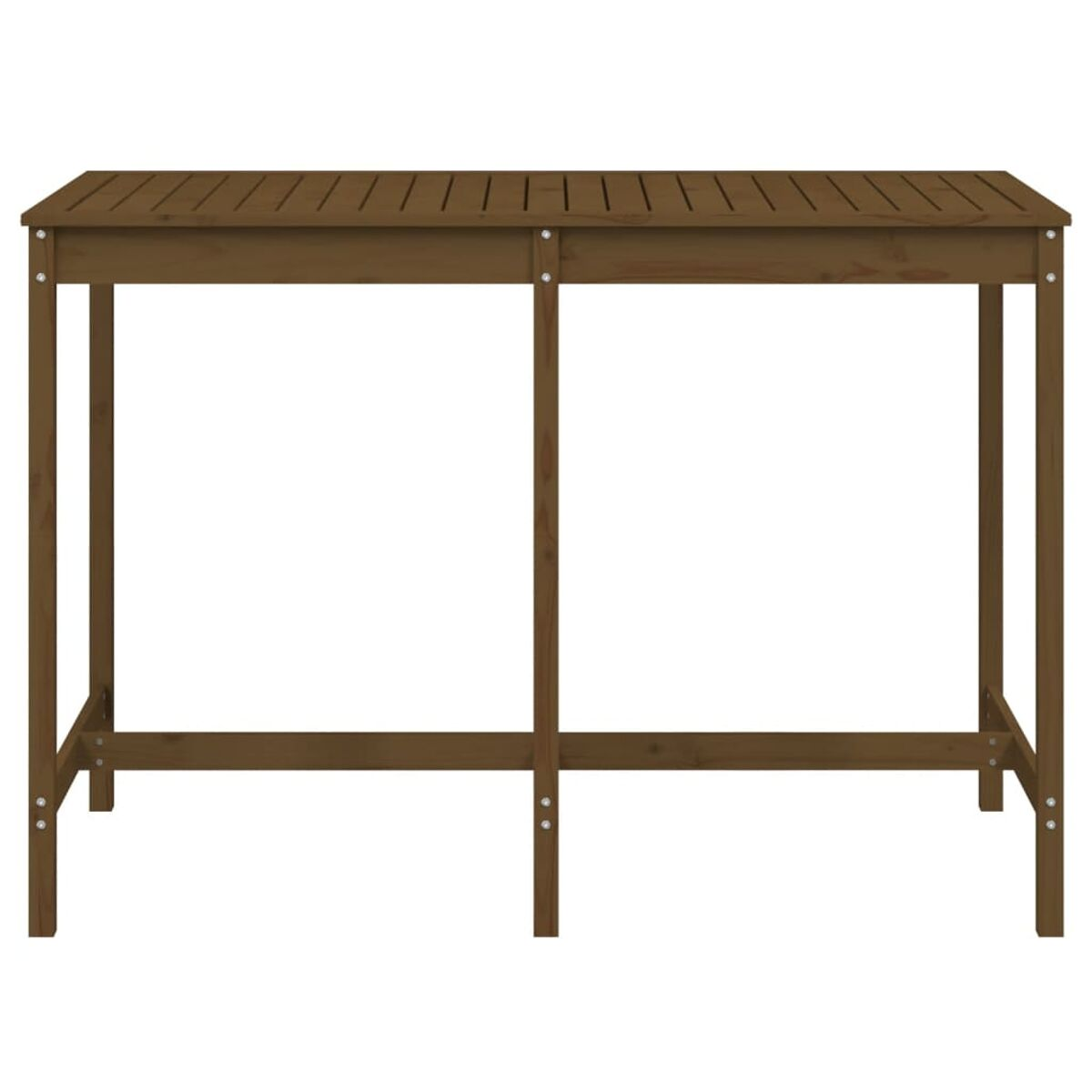 Ein brauner Holztisch. Der Tisch hat eine rechteckige Oberfläche und ein schlichtes Design.