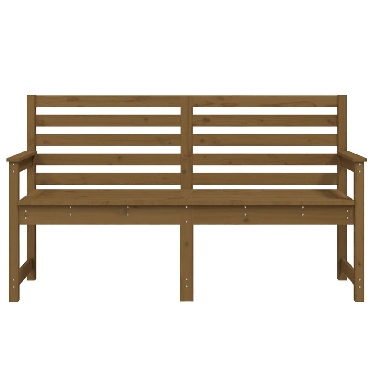 Braune Holzbank mit horizontalen Latten, zwei Armlehnen und vier Beinen.