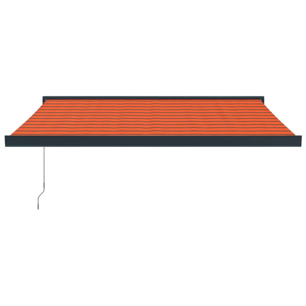 Eine orangefarbene, dachähnliche Markise mit dunkelgrauem Rahmen und Kabel.