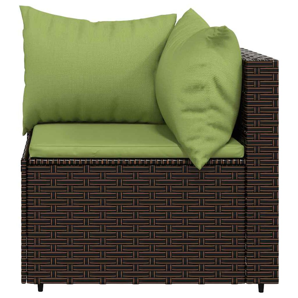 Ein Ecksofa mit braunen, gewebten Seiten und grünen Kissen. Zwei Kissen sind enthalten.
