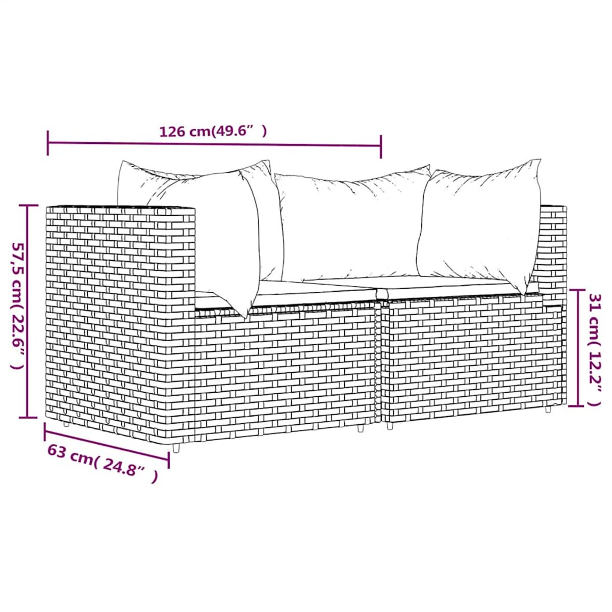 Ecksofa mit drei Kissen, Abmessungen sind auf dem Bild angezeigt.