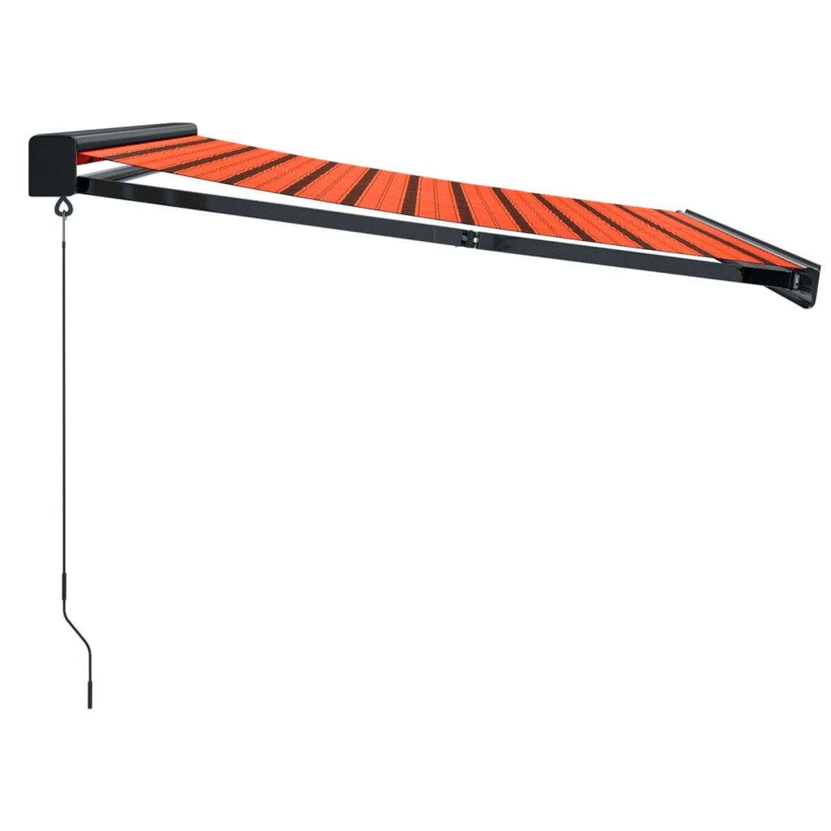 Orange-schwarz gestreifte Markise. Die Markise ist ausgefahren und hat ein langes Kabel.