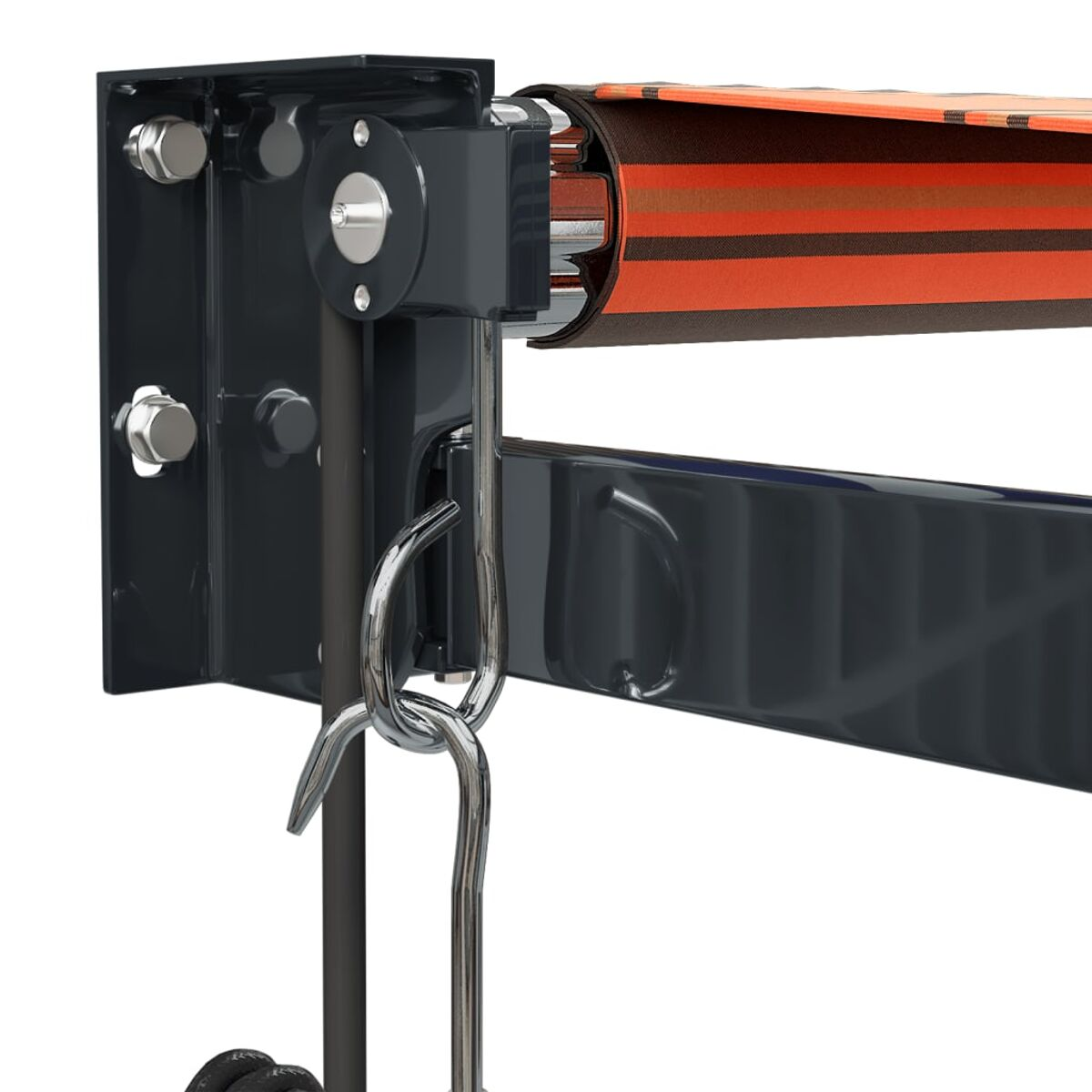 Nahaufnahme eines dunkelgrauen Markisenmechanismus mit orange-schwarzen Streifen.