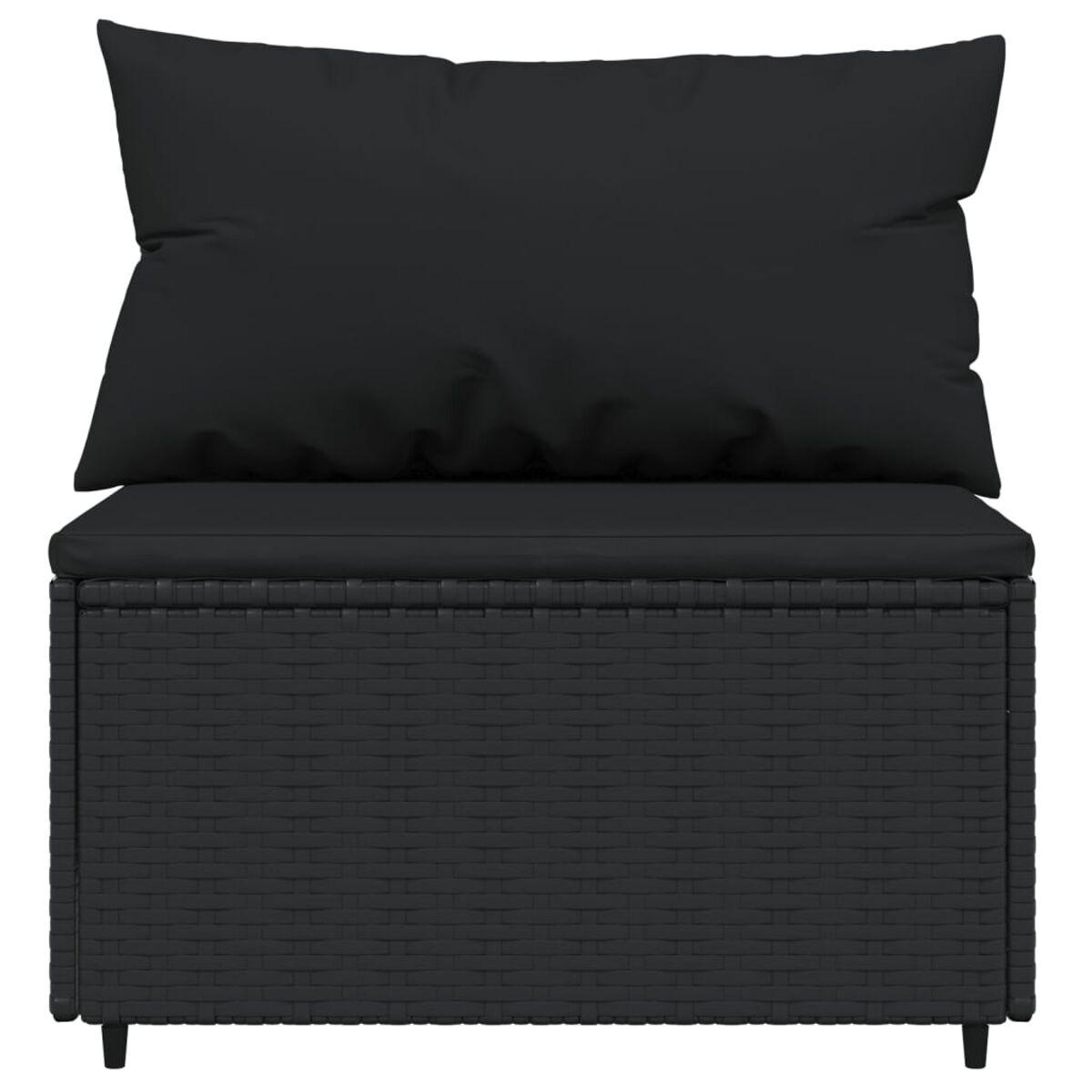 Eine schwarze, gewebte Outdoor-Bank mit einem großen schwarzen Kissen und einem Kissen.