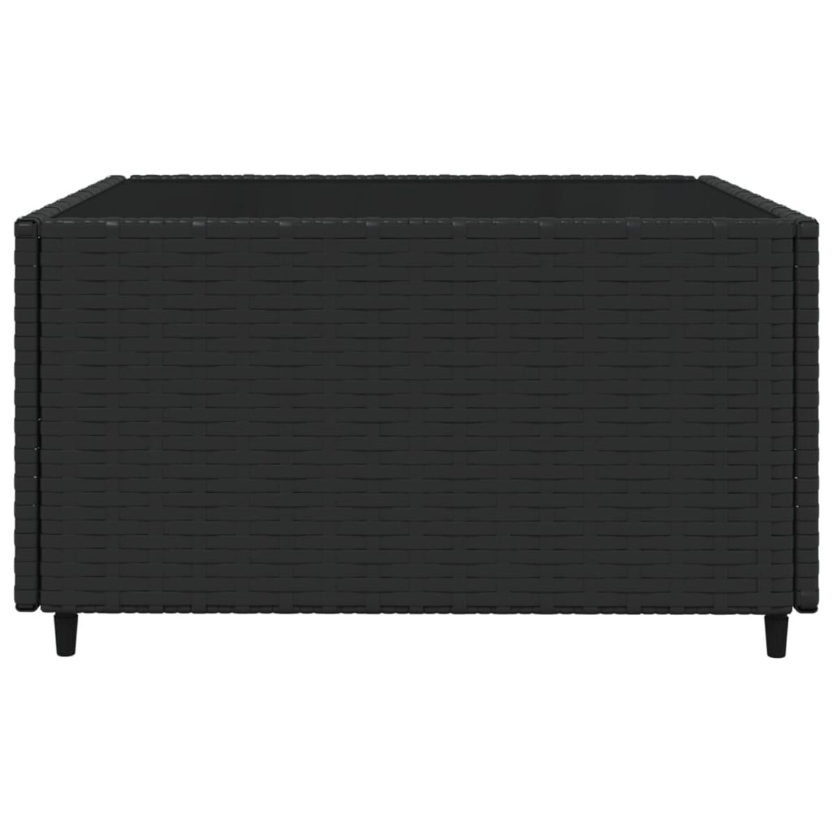 Schwarze Aufbewahrungsbox im Rattan-Stil mit Glasplatte und kurzen, schwarzen Beinen.