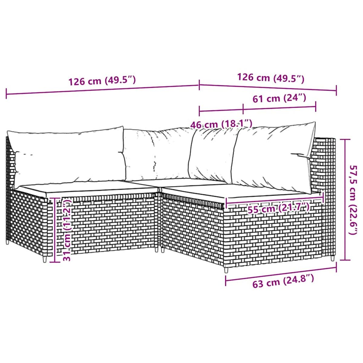 Ein Ecksofa aus Outdoor-Korbgeflecht mit Maßangaben in cm und Zoll.