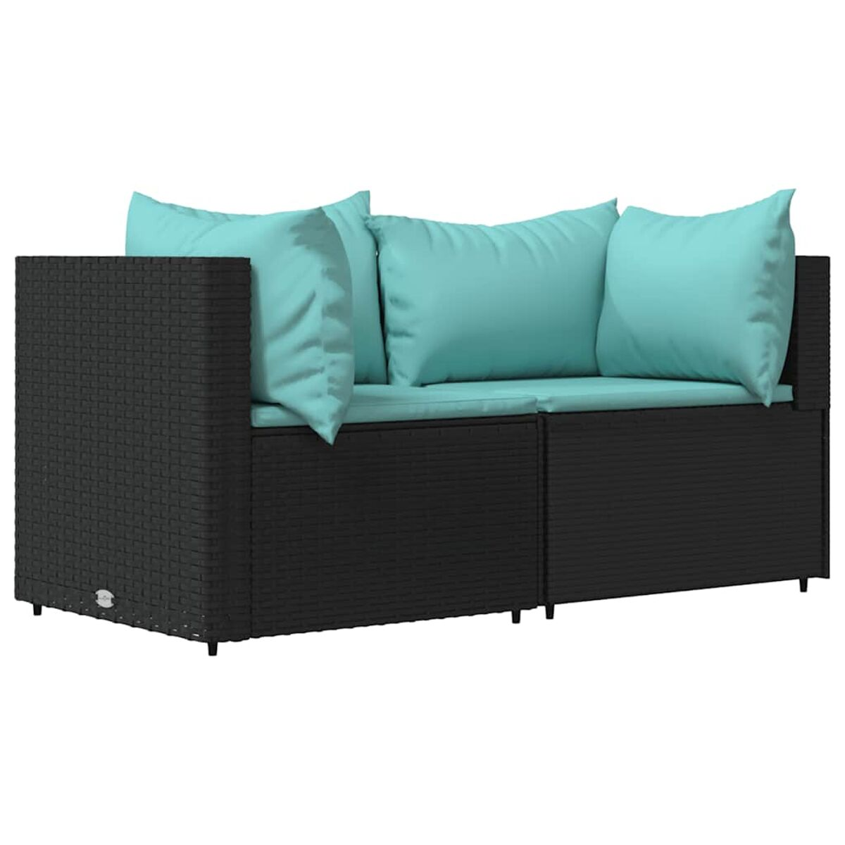 Ein schwarzes Outdoor-Sofa mit zwei hellblauen Kissen. Das Sofa ist modular aufgebaut und hat eine gewebte Textur.