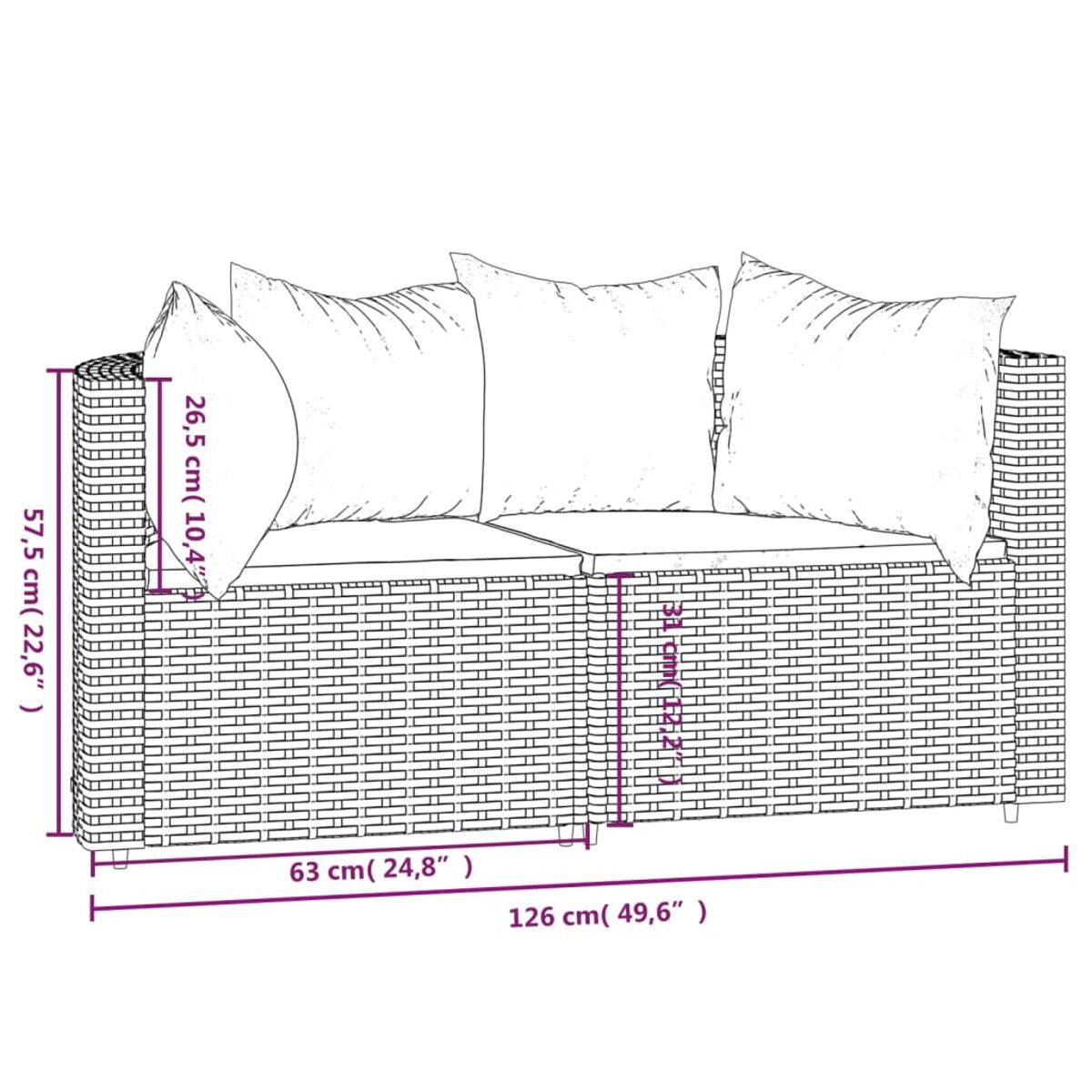 Korbssofa mit Kissen, Abmessungen werden angezeigt. Beige Kissen, Rattan-Gewebe. Weißer Hintergrund.